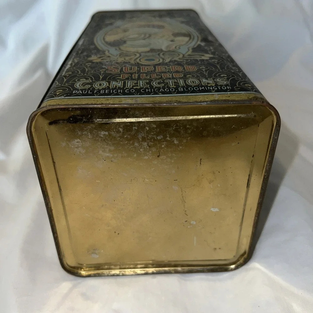 Vintage Metal Antique Advertising Tin Beichs Candy Confections Chicago peacock